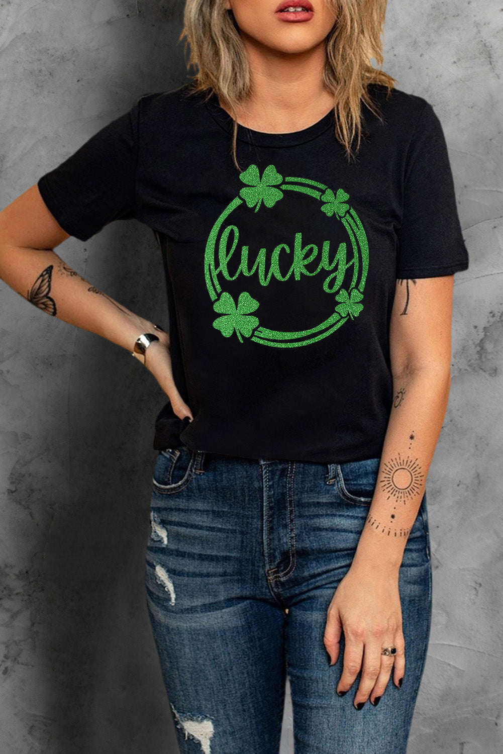 Black St Patrick Sequin Lucky Clover Print Short Sleeve T-shirt Graphic Tees JT's Designer Fashion
