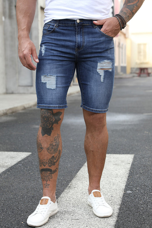 Blue Distressed Low-rise Men's Denim Shorts Blue 70%Cotton 29%Polyester 1%Elastane Men's Pants JT's Designer Fashion