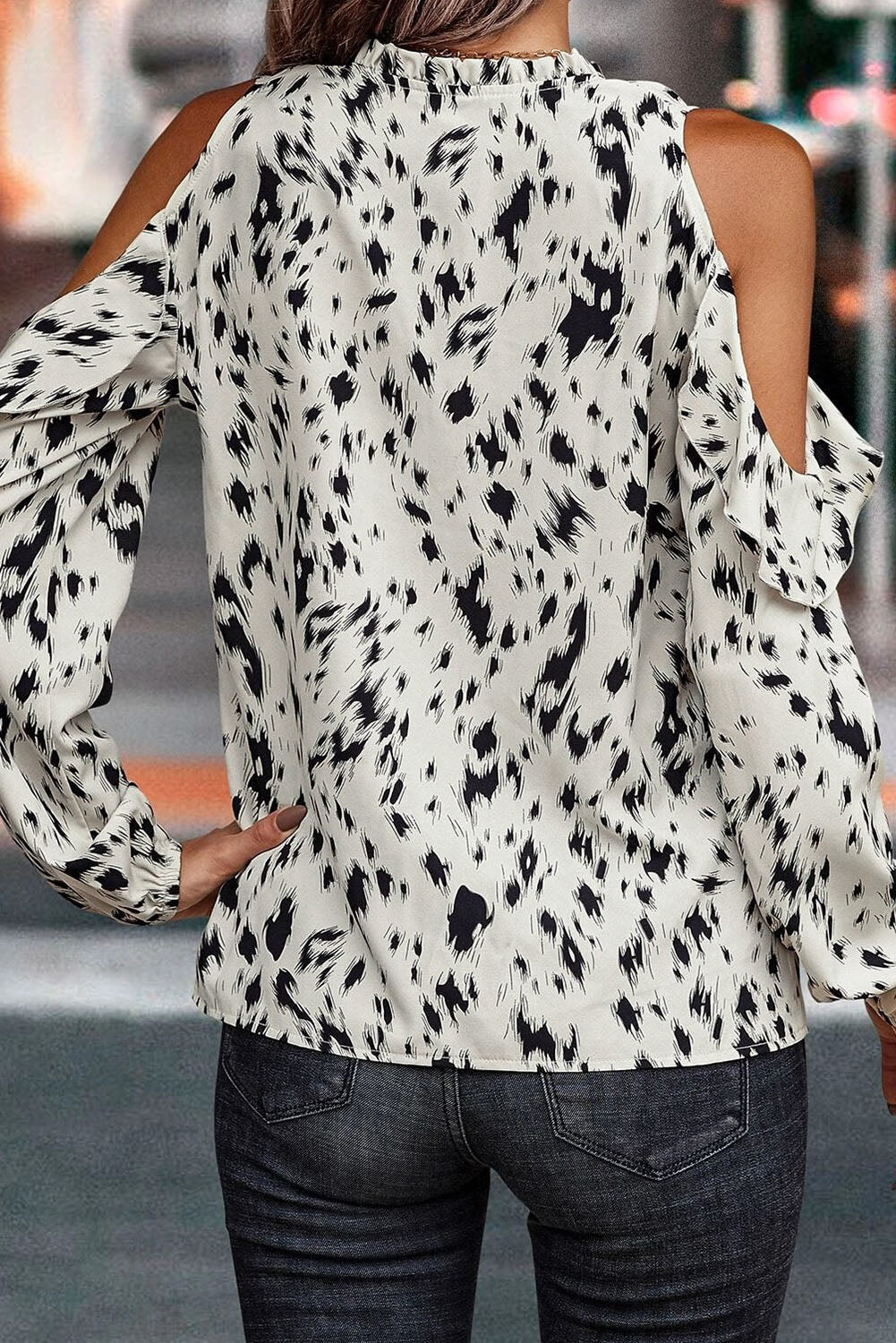 White Animal Print Ruffle Cold Shoulder Tie Blouse Blouses & Shirts JT's Designer Fashion