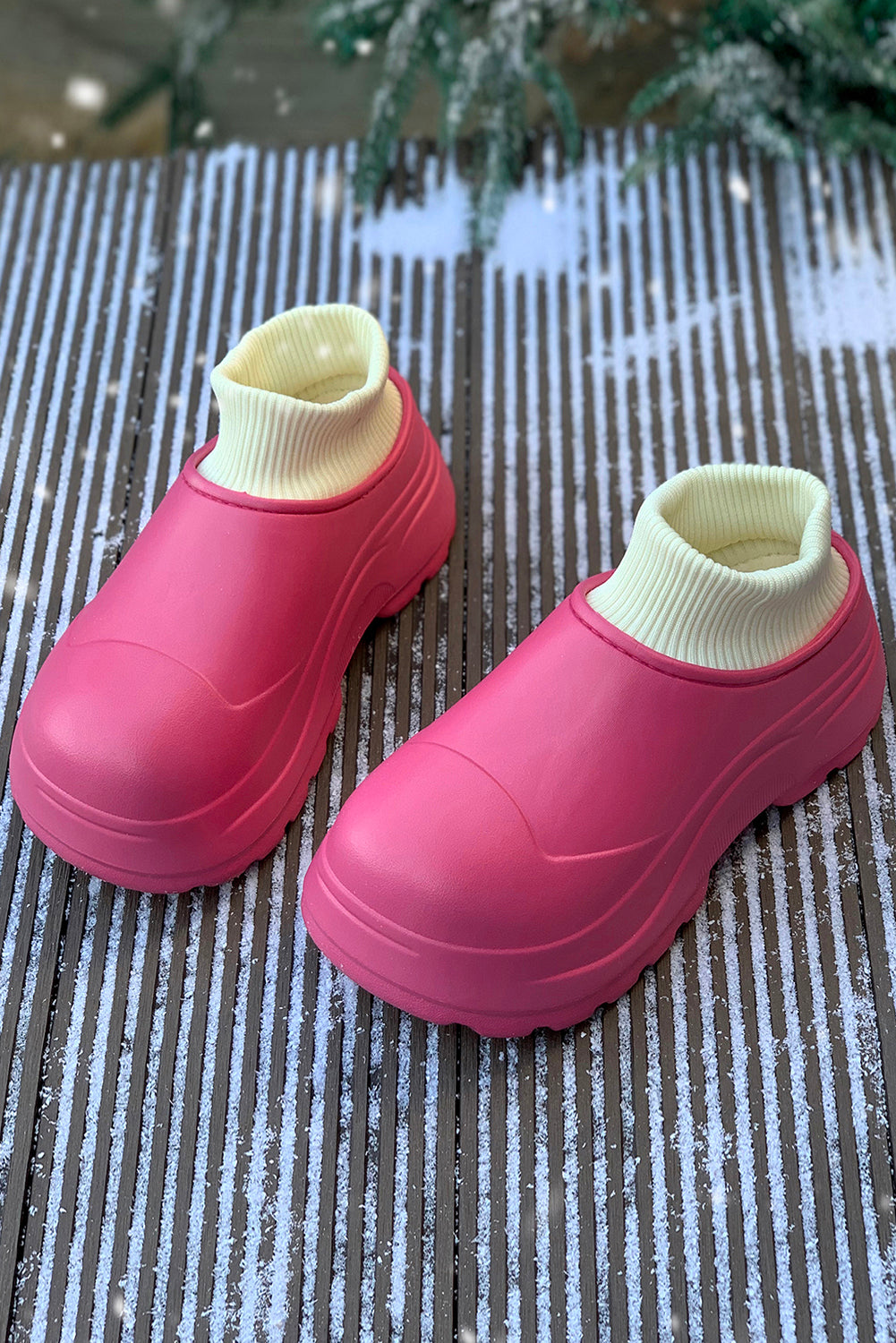 Rose Red Waterproof Thick Sole Ribbed Ankle Shoes Women's Shoes JT's Designer Fashion