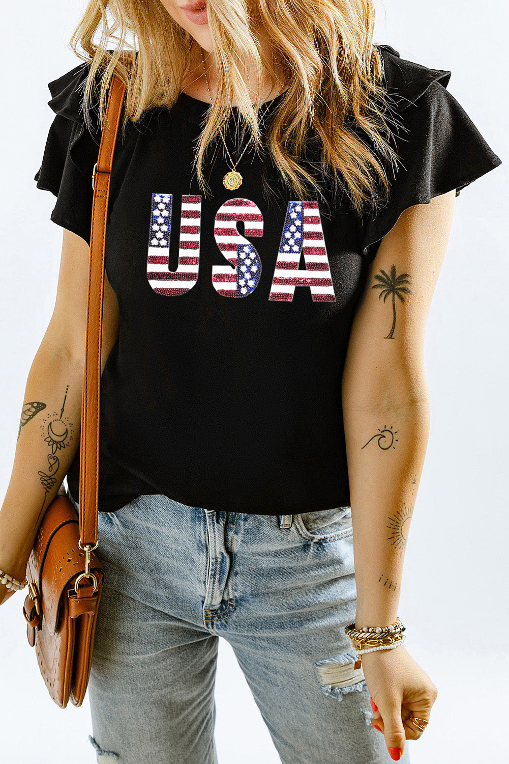Black Sequined American Flag USA Graphic Ruffled Sleeve Tee Graphic Tees JT's Designer Fashion