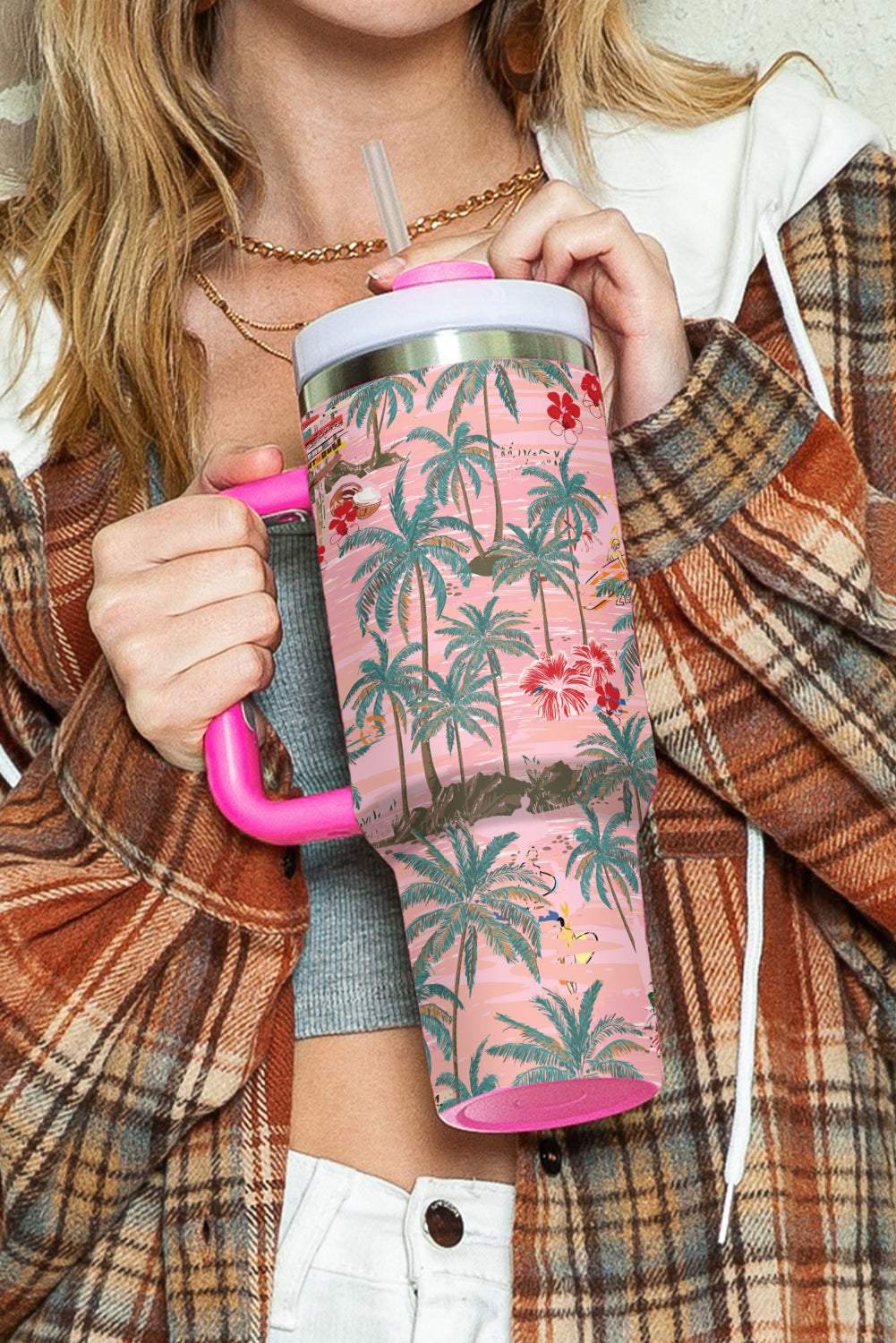 Rose Red Tropical Trees Print Stainless Steel Tumbler 40oz Tumblers JT's Designer Fashion