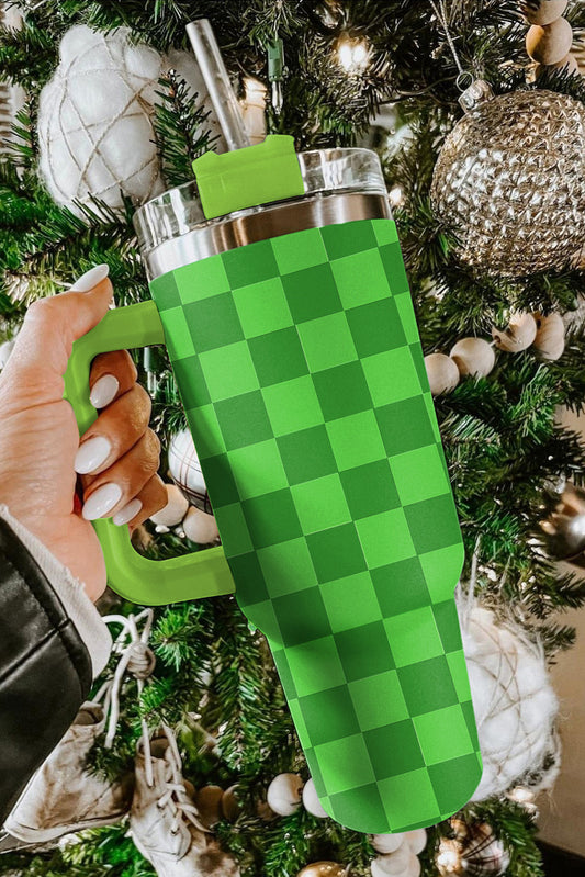 Green Two Tone Checkered Stainless Tumbler with Handle 1200ml Tumblers JT's Designer Fashion