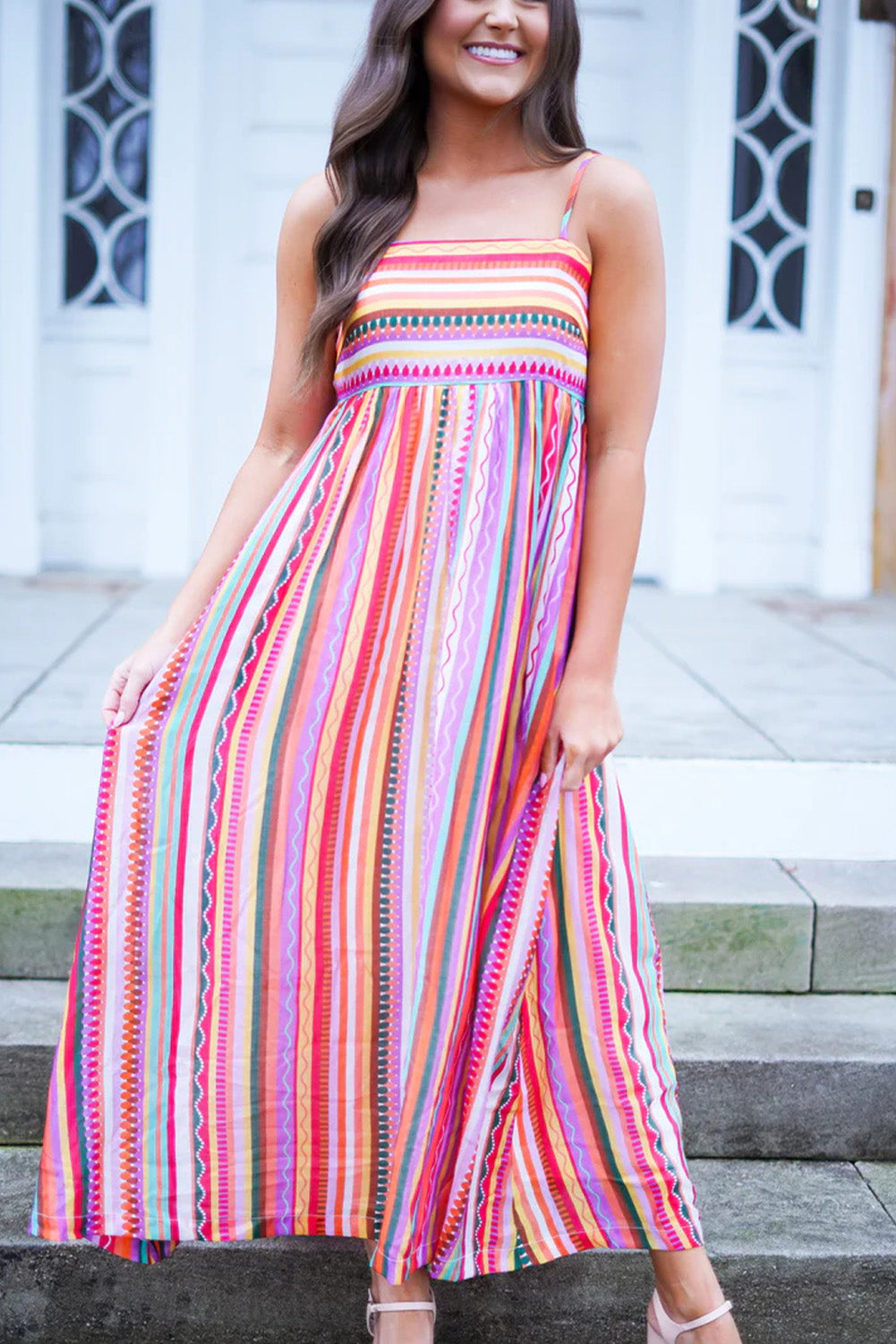 Multicolour Striped Thin Straps Smocked Back Boho Maxi Dress Pre Order Dresses JT's Designer Fashion