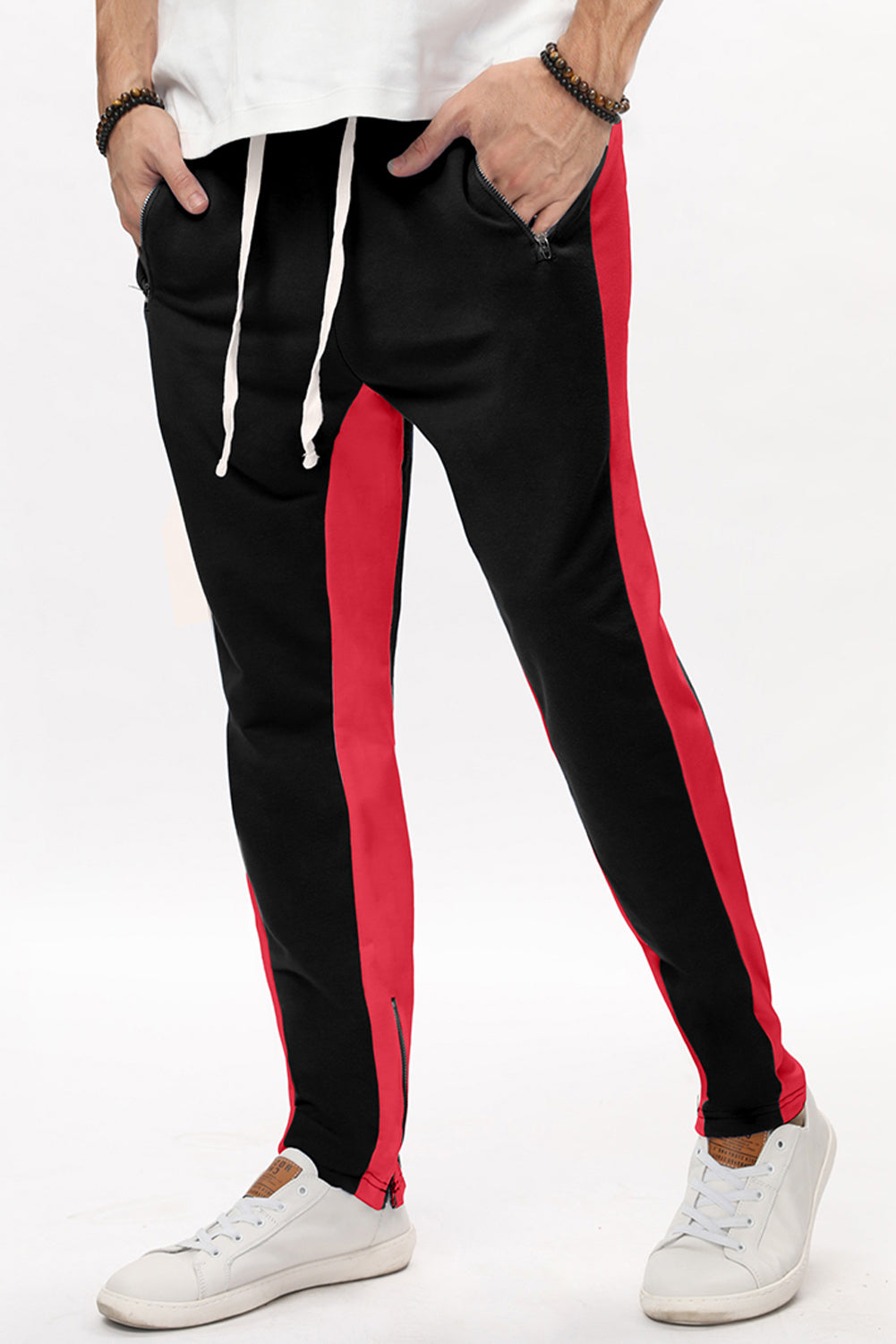 Red Colorblock Patchwork Zipper Casual Mens Joggers Red 95%Polyester+5%Spandex Men's Pants JT's Designer Fashion