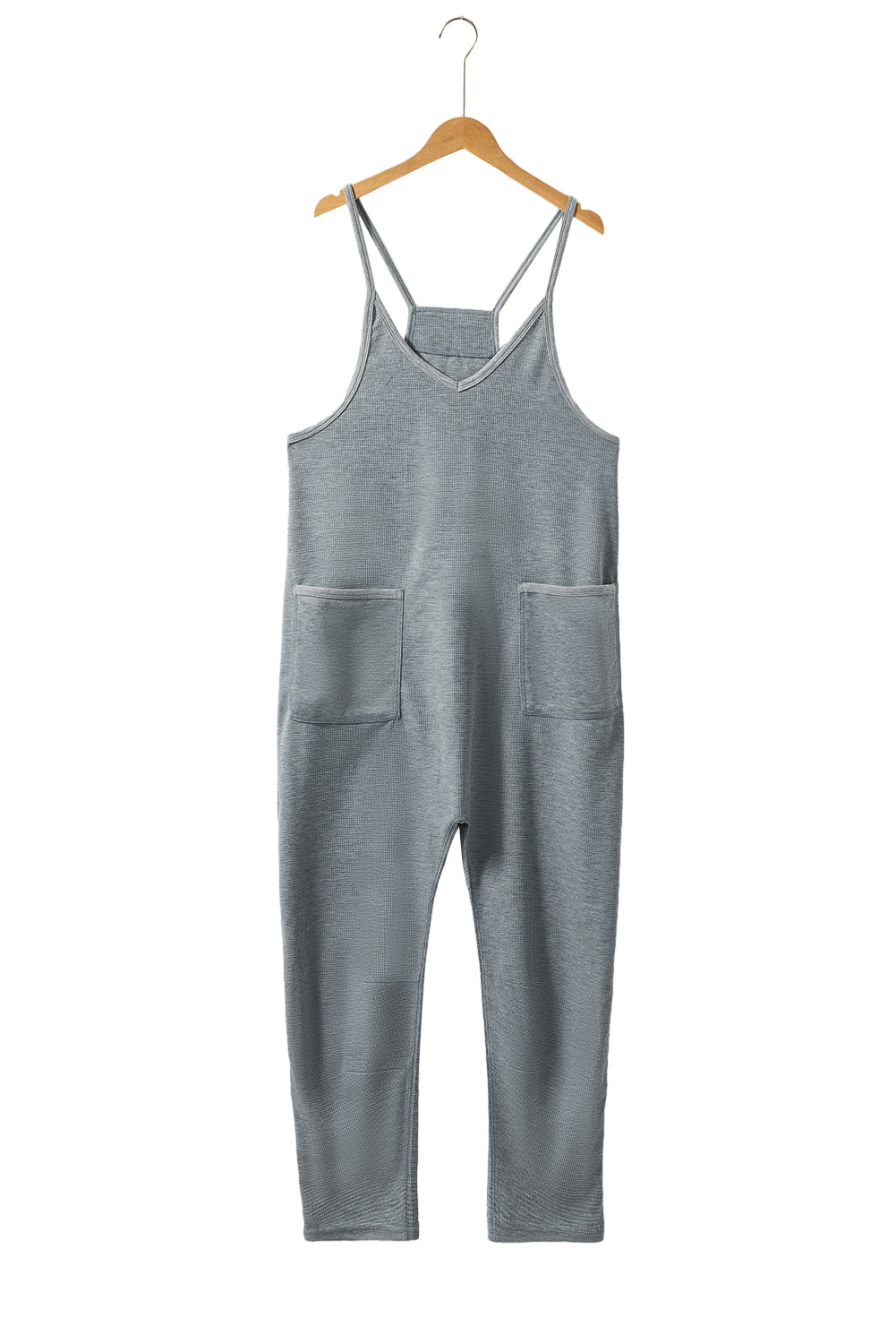Gray Waffle Knit Spaghetti Straps Loose Fit Jumpsuit Jumpsuits & Rompers JT's Designer Fashion