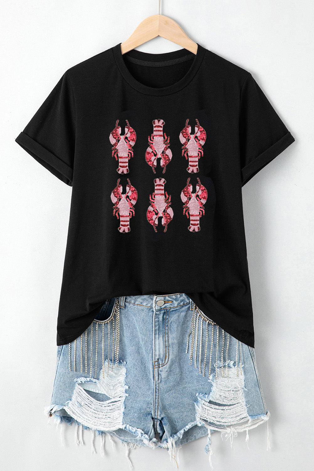 Black Sequin Crawfish Graphic Western Fashion T Shirt Graphic Tees JT's Designer Fashion
