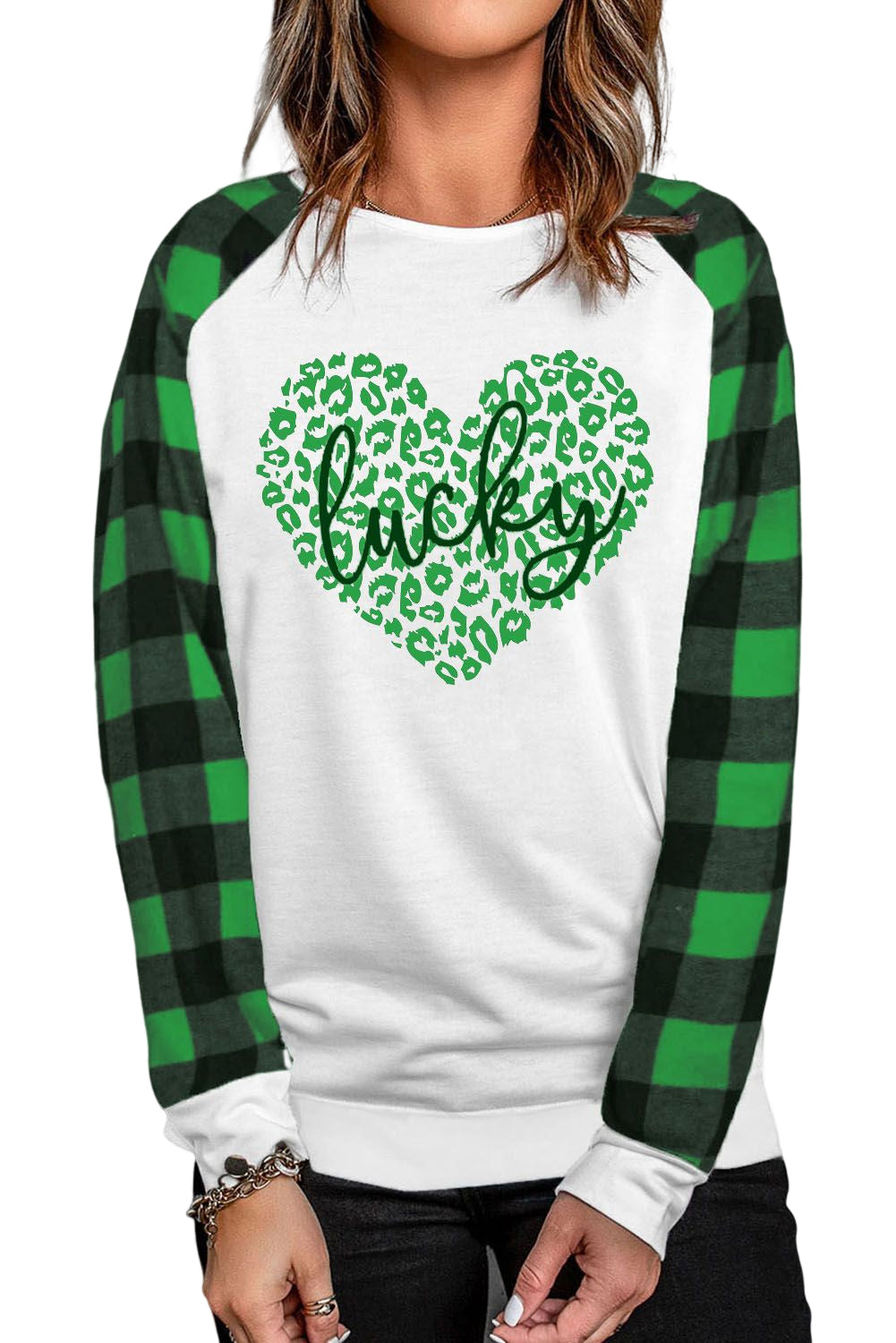 Green Lucky Heart Pattern Leopard & Buffalo Plaid Sweatshirt Graphic Sweatshirts JT's Designer Fashion