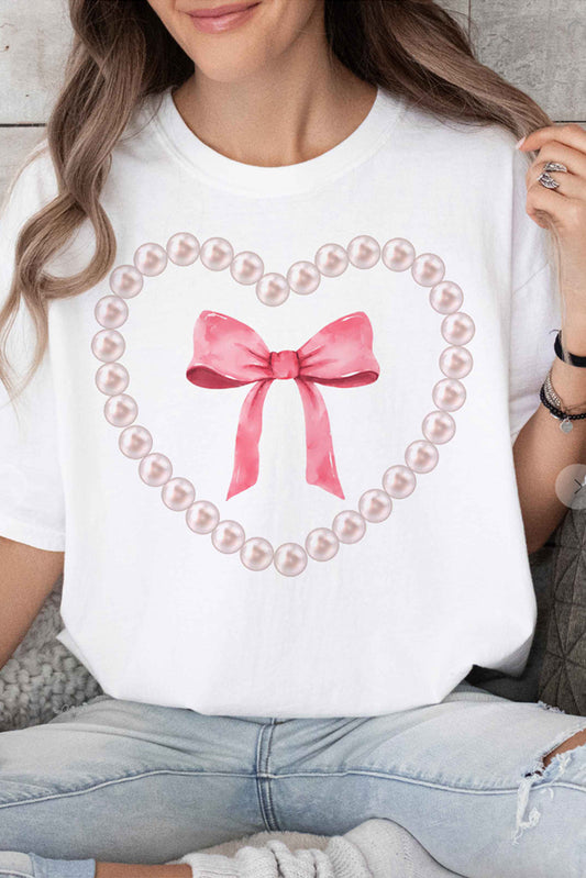 White Pearl Heart Bowknot Graphic T Shirt Graphic Tees JT's Designer Fashion