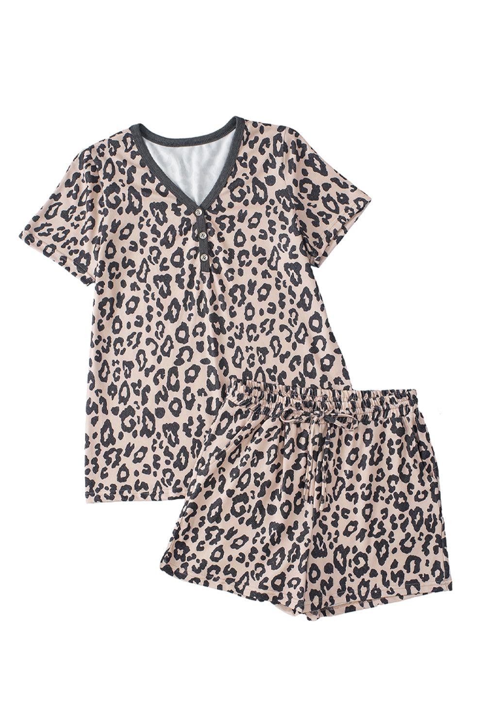 Multicolour Leopard Button V Neck Tee and Drawstring Shorts Set Short Sets JT's Designer Fashion
