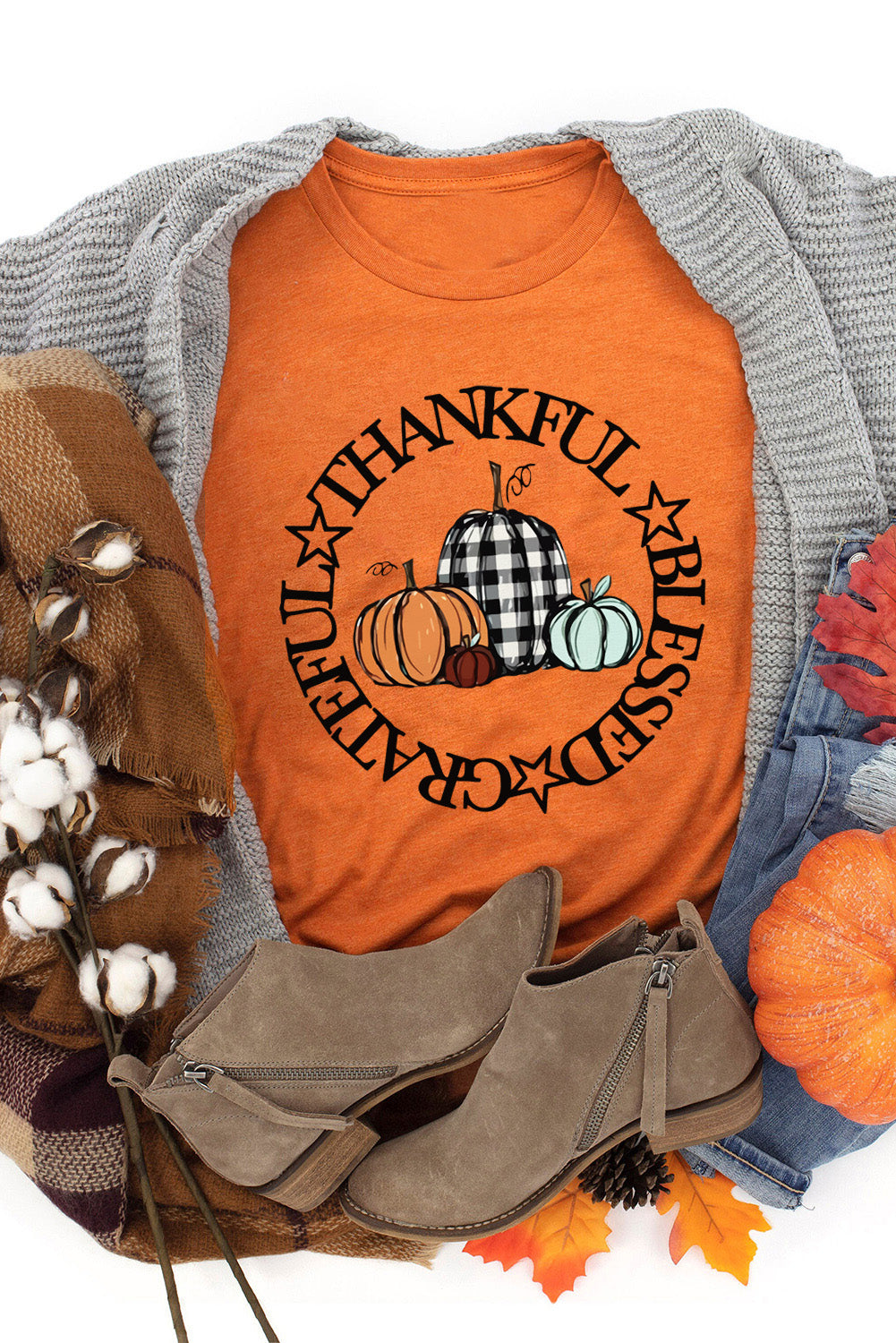 Orange Thankful Blessed Grateful Pumpkin Graphic T Shirt Graphic Tees JT's Designer Fashion