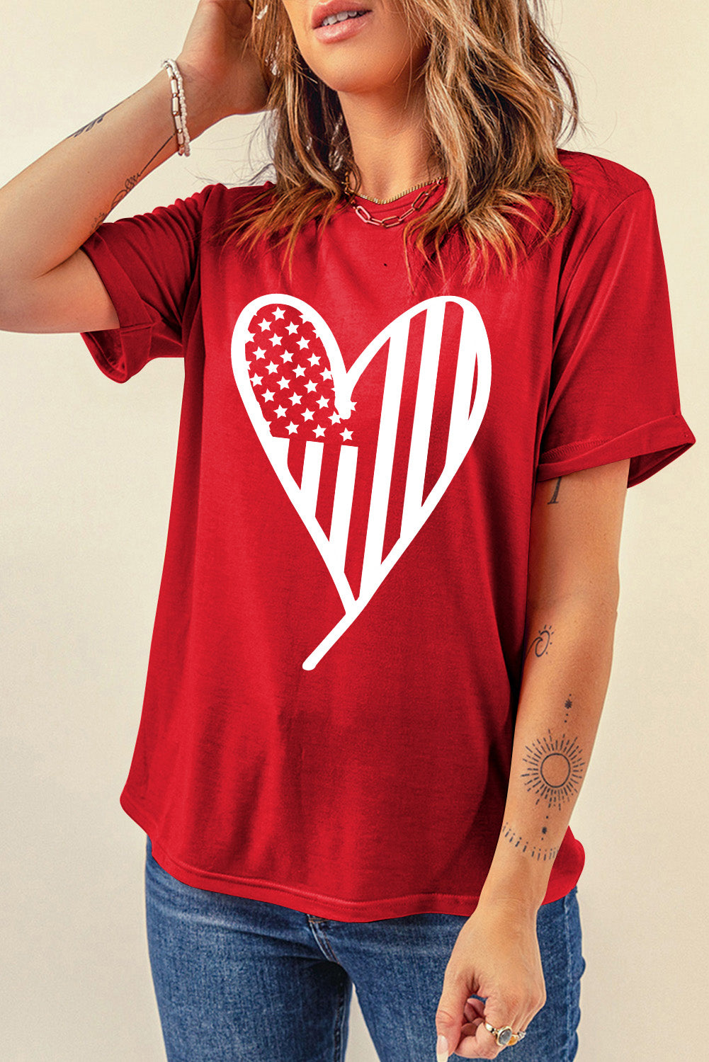 Red USA Flag Heart Shape Crew Neck Graphic T Shirt Graphic Tees JT's Designer Fashion