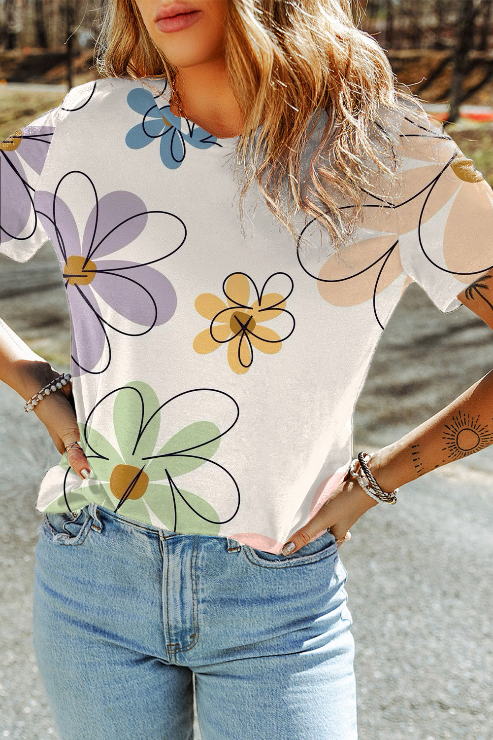 Beige Summer Flower Print Casual Round Neck T Shirt Pre Order Tops JT's Designer Fashion