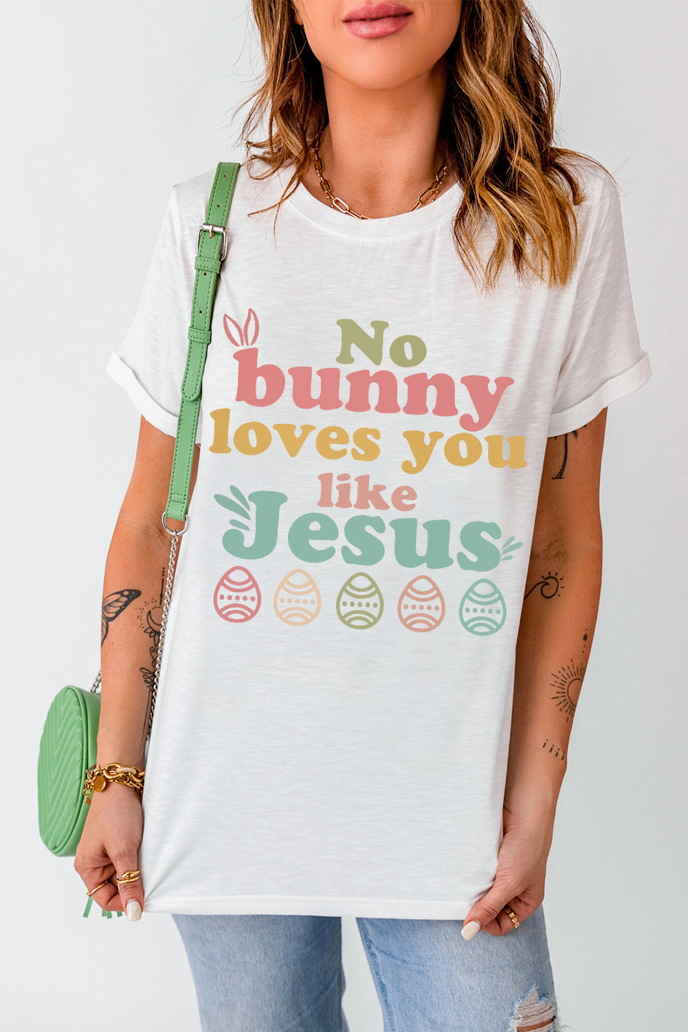 White No bunny loves you like Jesus Graphic Easter Day T-shirt Graphic Tees JT's Designer Fashion
