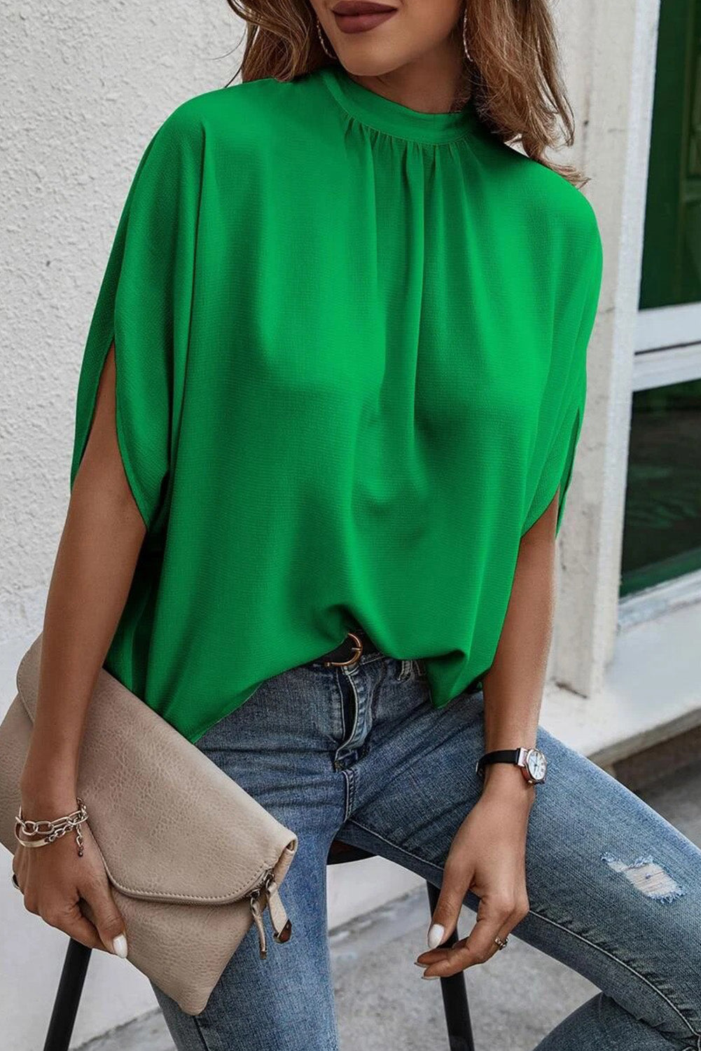 Bright Green Solid Mock Neck Split Batwing Sleeve Blouse Blouses & Shirts JT's Designer Fashion