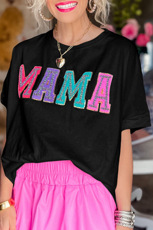 Black MAMA Chenille Patched Crew Neck T Shirt Pre Order Tops JT's Designer Fashion