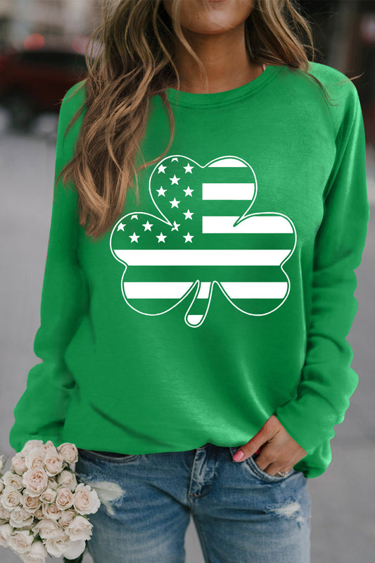 Green Raglan Sleeve Stripes Stars Clover Graphic Sweatshirt Graphic Sweatshirts JT's Designer Fashion