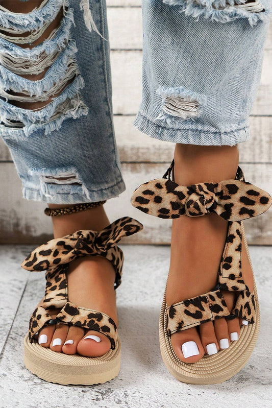 Brown Leopard Pattern Bow Decor Thick Sole Sandals Sandals JT's Designer Fashion