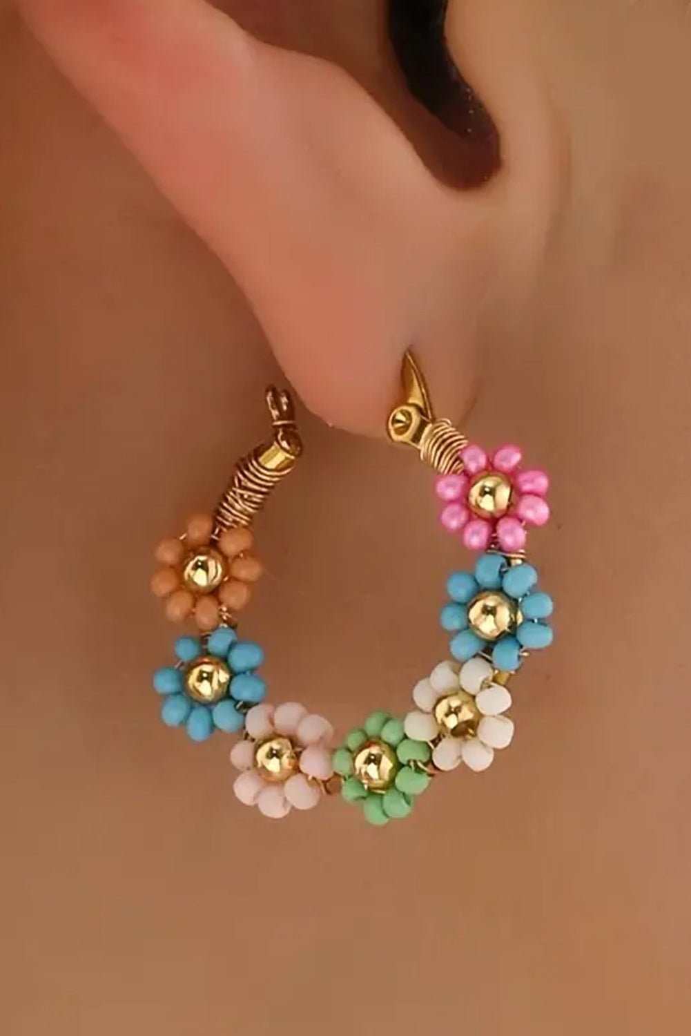 Pink Colorful Flower Hoop Earrings Jewelry JT's Designer Fashion