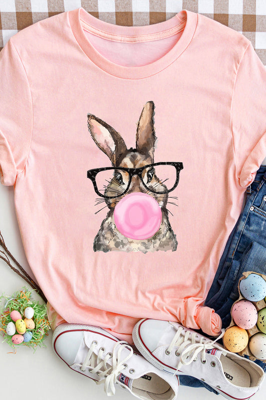 Pink Easter Rabbit Print Round Neck Casual Tee Graphic Tees JT's Designer Fashion