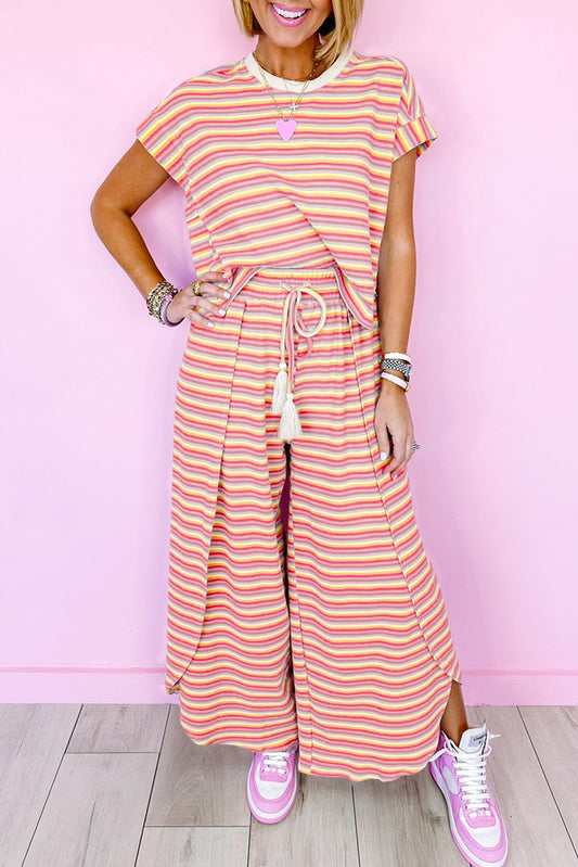 Yellow Stripe Rainbow Tee Tasseled String Wide Leg Pants Set Pre Order Tops JT's Designer Fashion