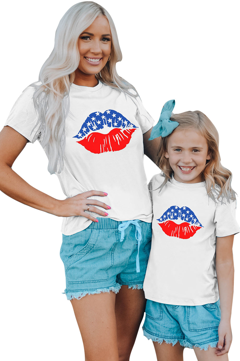 White Family Matching Mom's American Flag Lip Print Short Sleeve T Shirt Family T-shirts JT's Designer Fashion