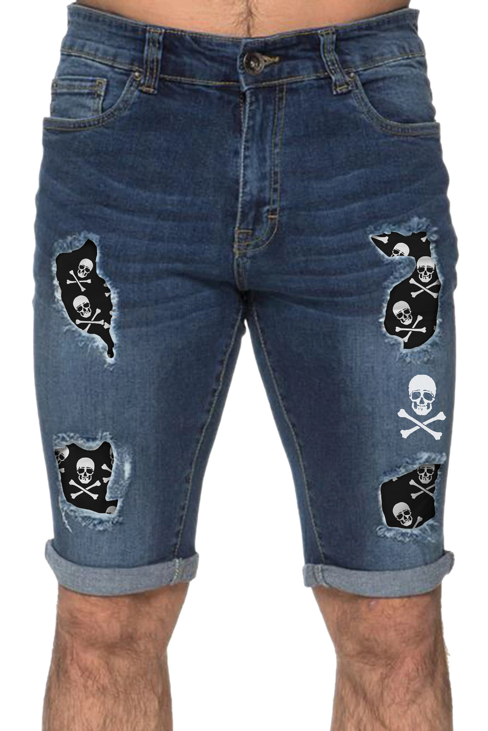Sky Blue Skull Graphic Patchwork Distressed Skinny Fit Men's Jeans Men's Pants JT's Designer Fashion