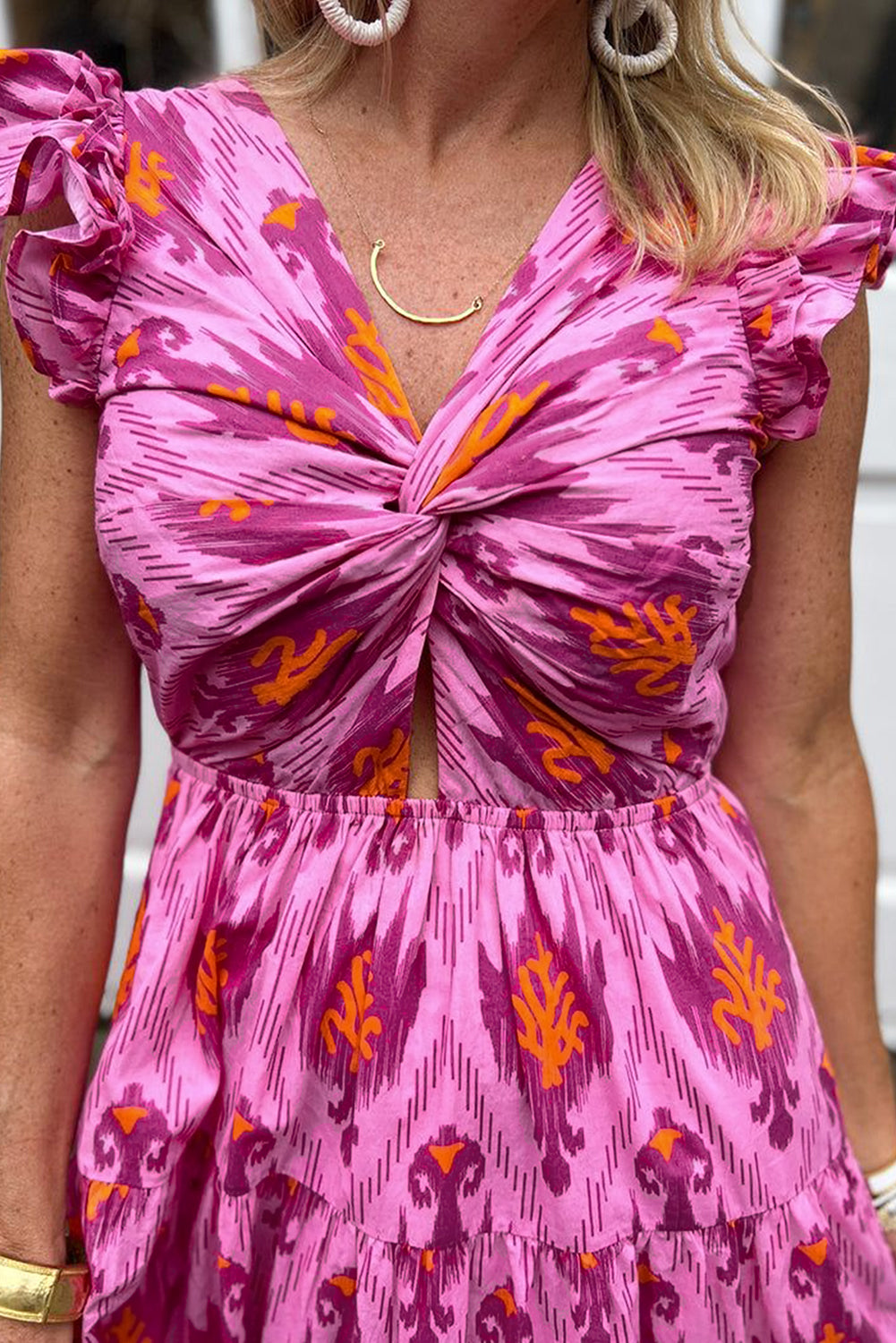 Bonbon Retro Print Twisted Front Ruffled Sleeve Maxi Dress Maxi Dresses JT's Designer Fashion