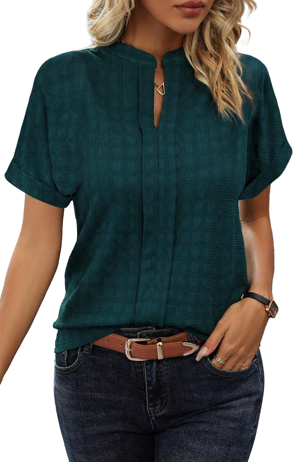 Sea Green Solid Textured Split Neck Short Sleeve Blouse Blouses & Shirts JT's Designer Fashion