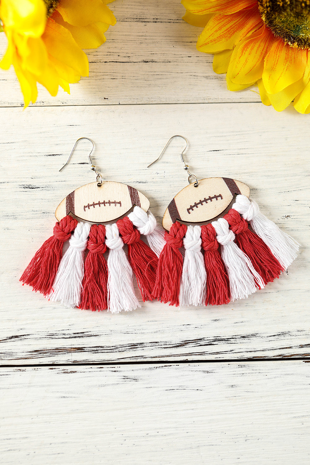 Red Rugby Shape Color Block Braided Tasseled Drop Earrings Jewelry JT's Designer Fashion