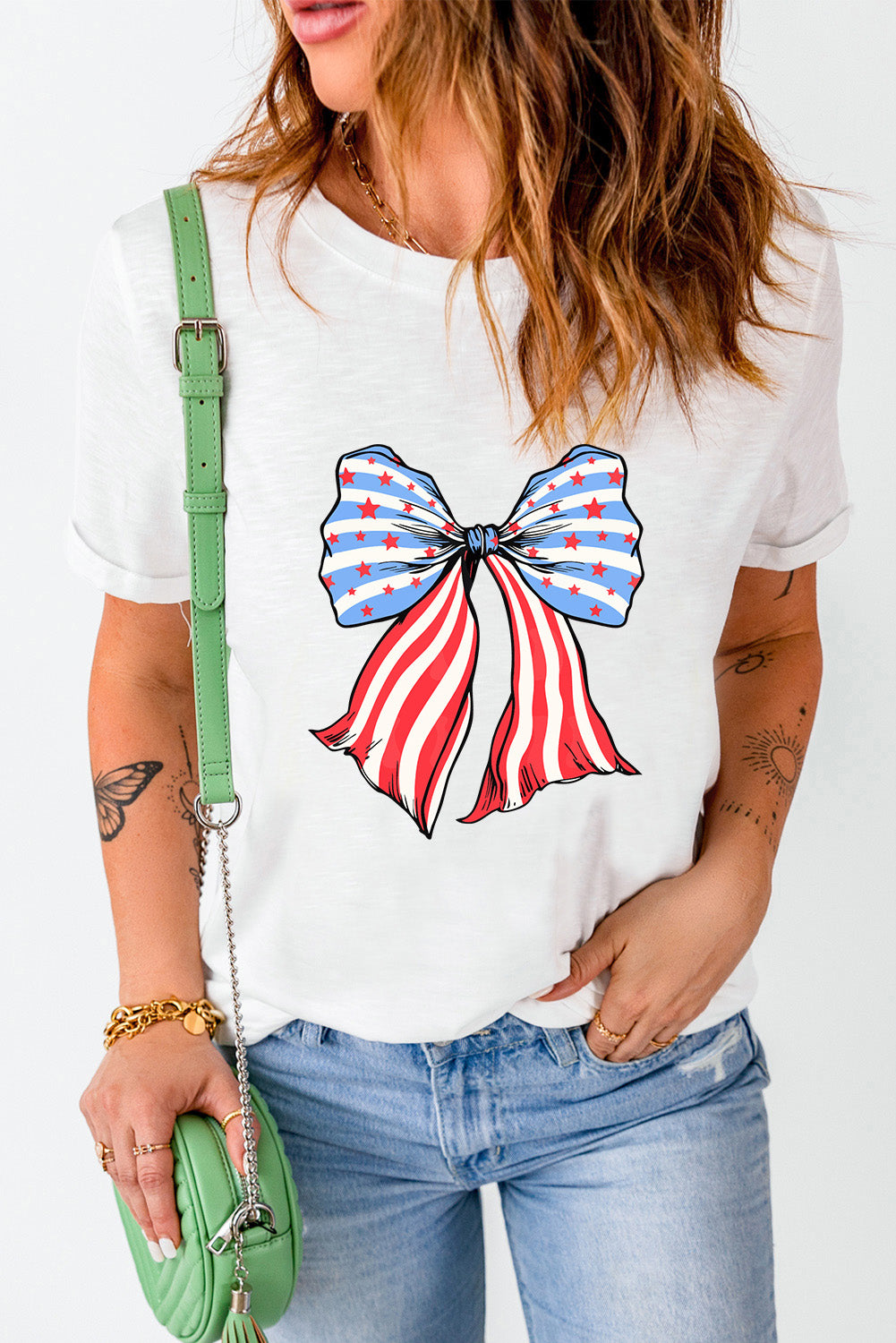 White Stripes and Stars Bowknot Print T Shirt Graphic Tees JT's Designer Fashion