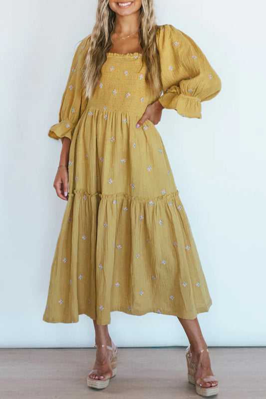 Yellow Printed Boho Ruffled Bracelet Sleeve Smocked Textured Midi Dress Midi Dresses JT's Designer Fashion