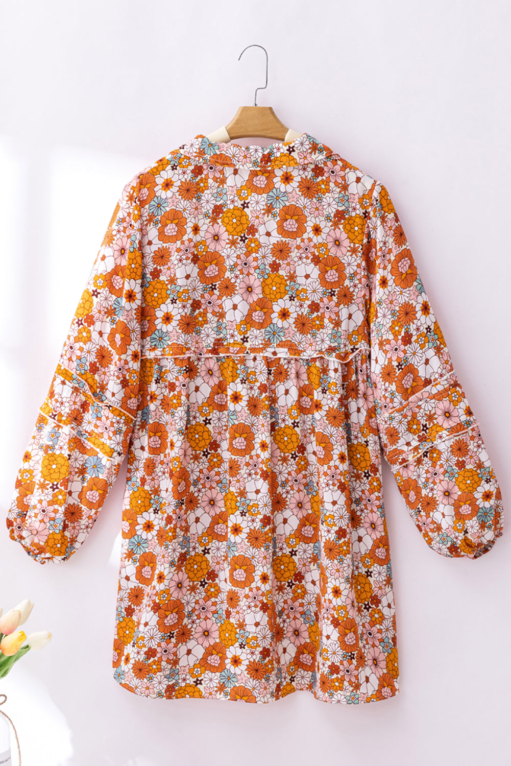 Orange Printed Split Neck Floral Pocketed Shift Dress Floral Dresses JT's Designer Fashion