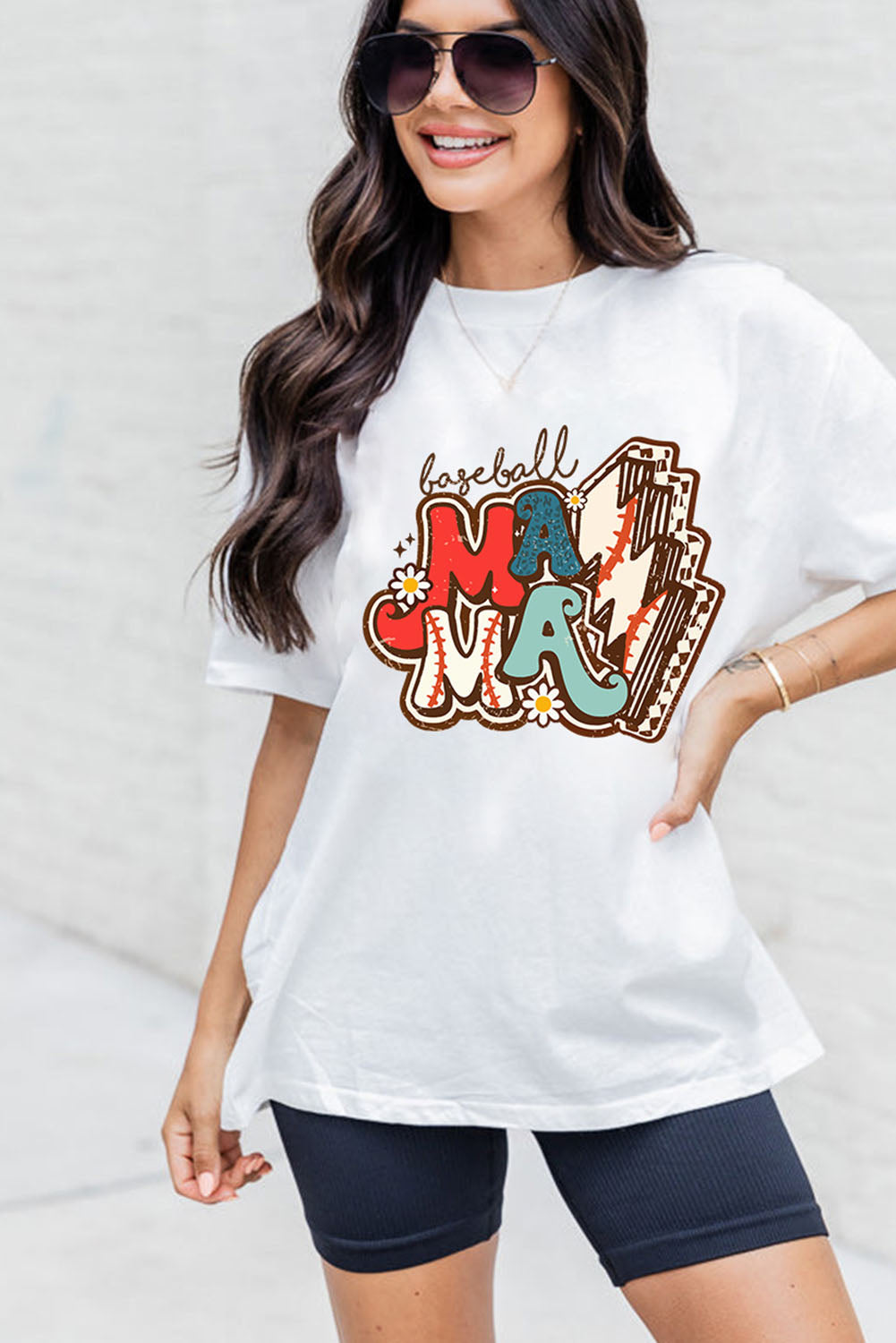 White MAMA Baseball Bolt Graphic T Shirt Graphic Tees JT's Designer Fashion