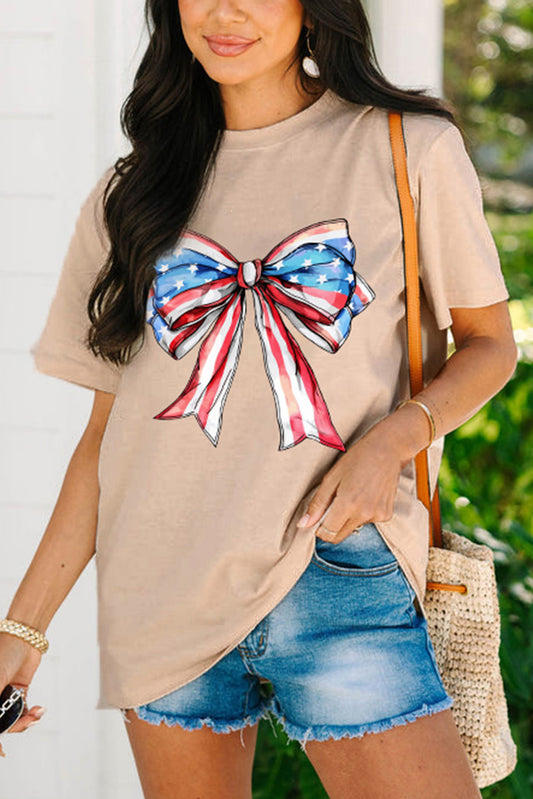 Khaki American Flag Bow Knot Print Round Neck T Shirt Graphic Tees JT's Designer Fashion