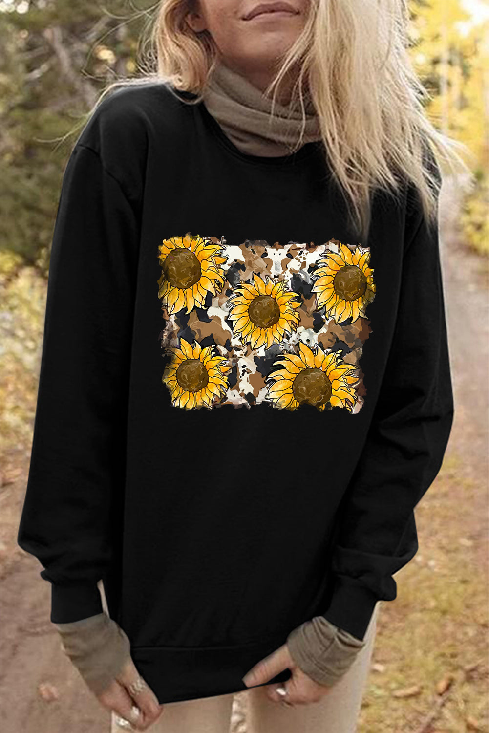 Sunflower Print Long Sleeve Pullover Sweatshirt Graphic Sweatshirts JT's Designer Fashion