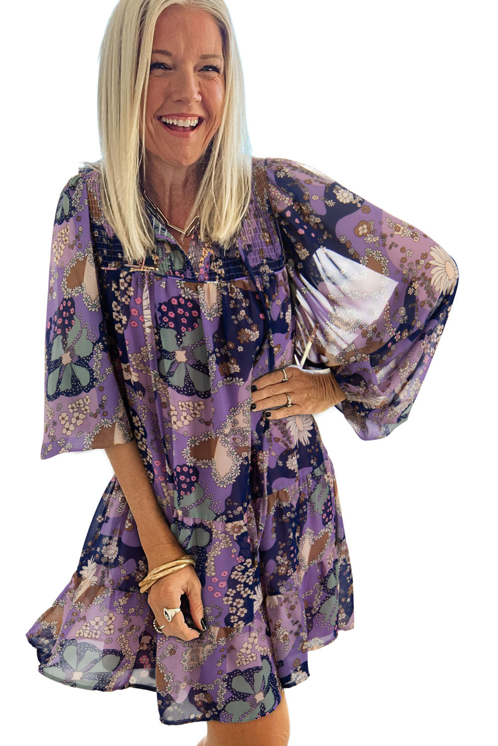 Purple Vintage Daisy Floral Puff Sleeve Ruffle Short Dress Floral Dresses JT's Designer Fashion