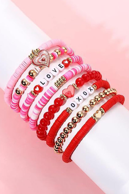 Pink Valentines LOVE XOXO Heart Shape Beaded Bracelet Set Jewelry JT's Designer Fashion