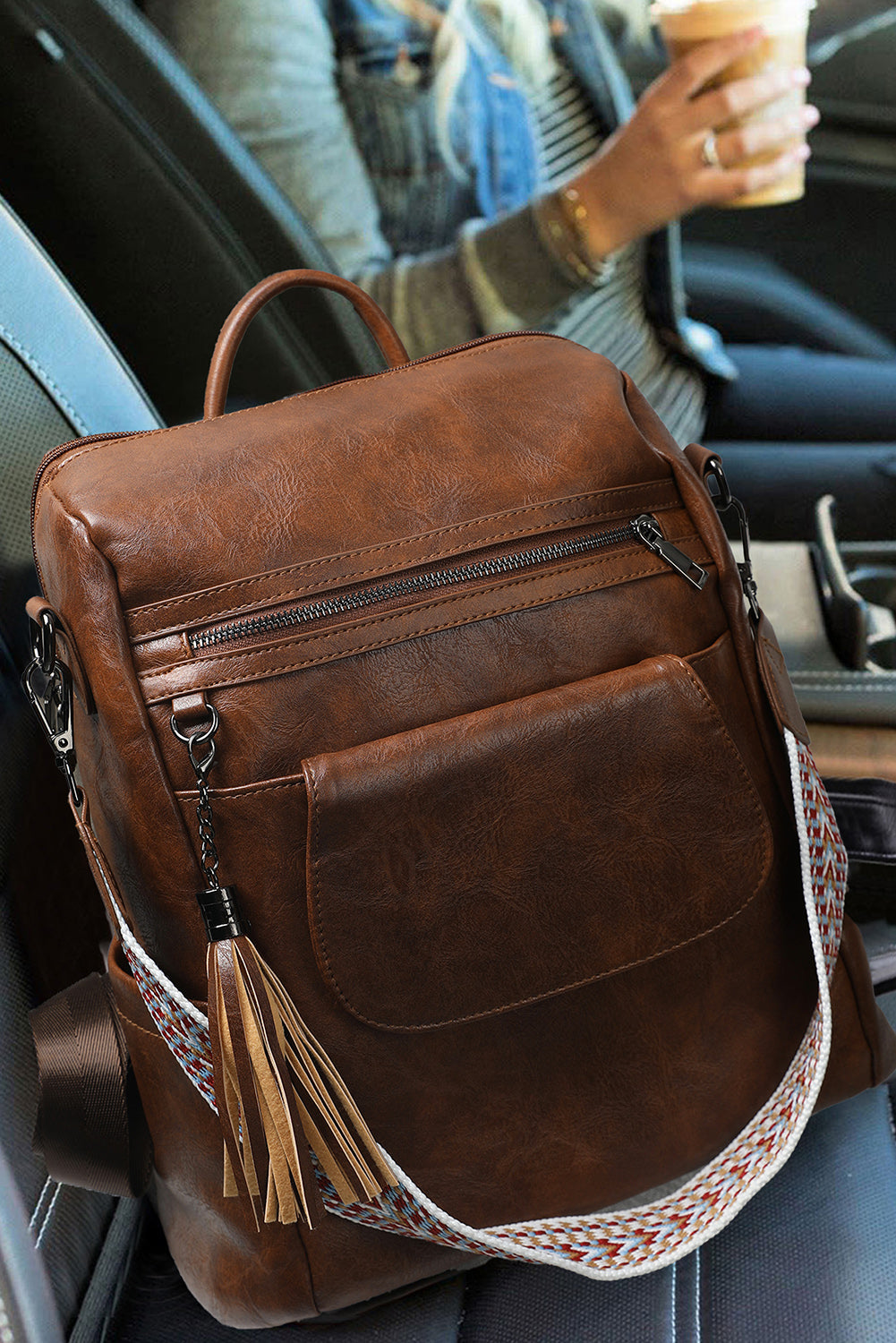 Dark Brown Tassel Decor Retro PU Large Capacity Backpack Backpacks JT's Designer Fashion