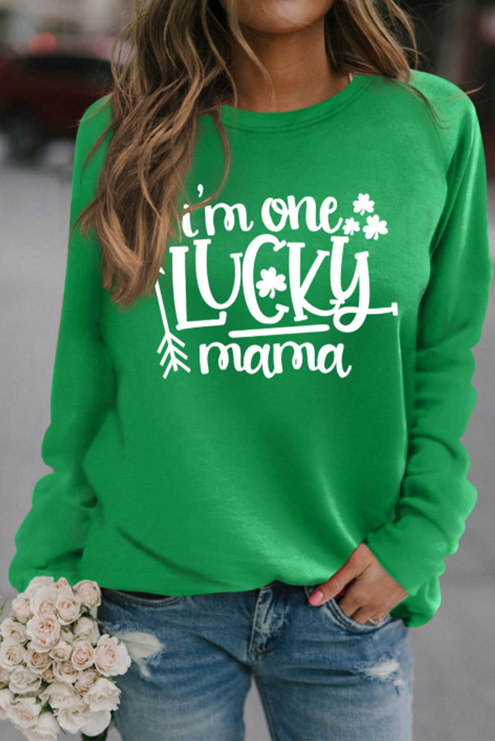 Green St. Patrick's Day Clover Letter Print Long Sleeve Sweatshirt Graphic Sweatshirts JT's Designer Fashion