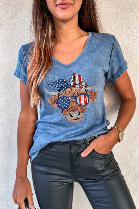 Sky Blue American Flag Cow Head Print V Neck Graphic T Shirt Graphic Tees JT's Designer Fashion