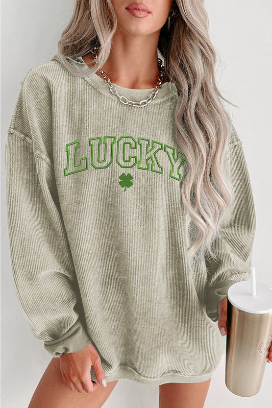 Green LUCKY Clover Embroidered Corded Crewneck Sweatshirt Green 100%Polyester Graphic Sweatshirts JT's Designer Fashion
