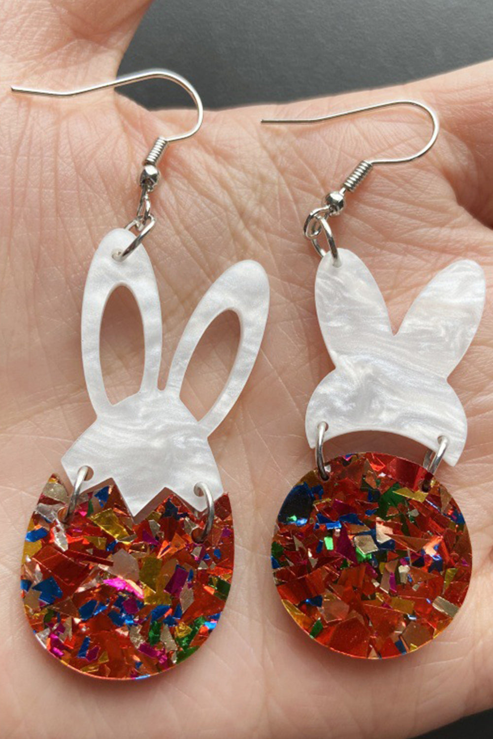 Red Asymmetric Easter Bunny Glitter Acrylic Stud Earrings Jewelry JT's Designer Fashion
