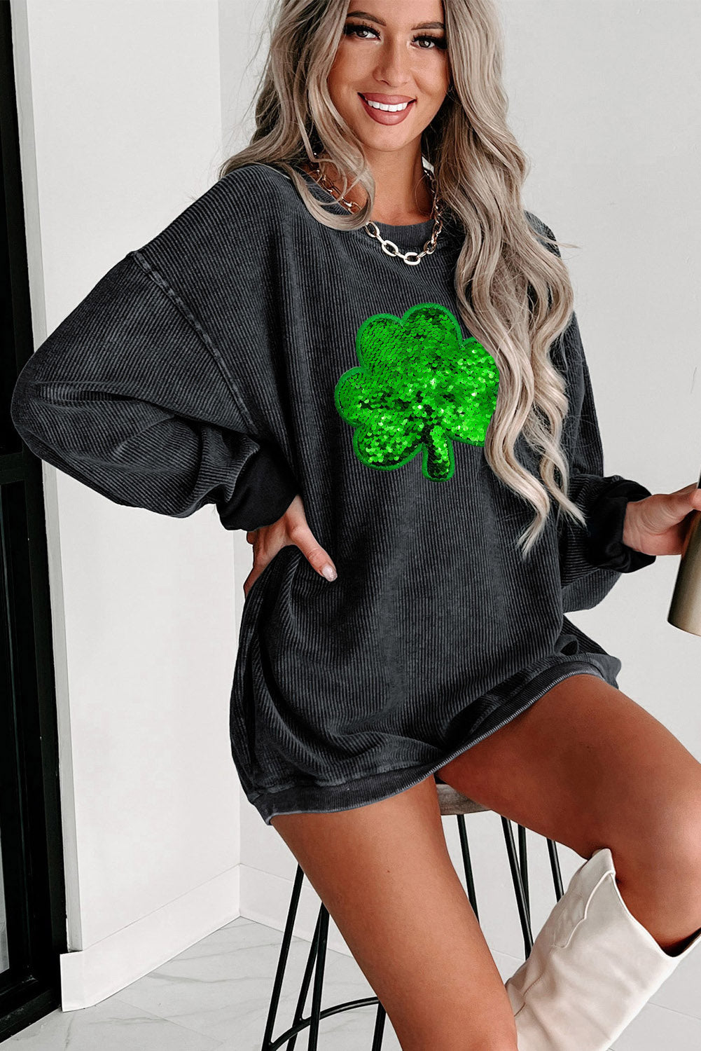 Black Sequin Embroidered Clover Corded Sweatshirt Graphic Sweatshirts JT's Designer Fashion
