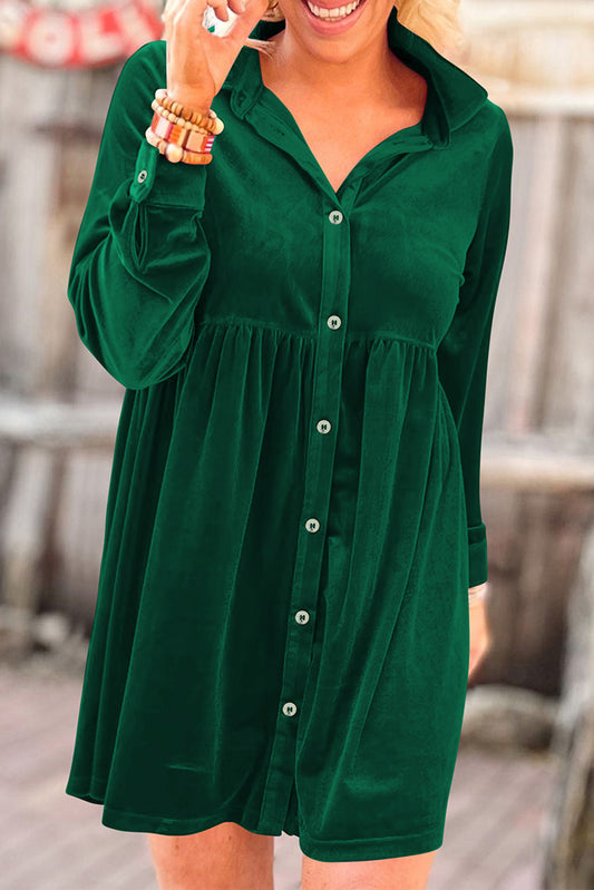 Green Long Sleeve Ruffle Velvet Button Up Dress Mini Dresses JT's Designer Fashion