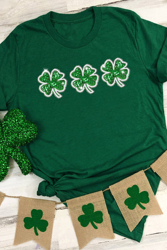 Green St Patrick Clover Patch Sequin Graphic T-shirt Graphic Tees JT's Designer Fashion