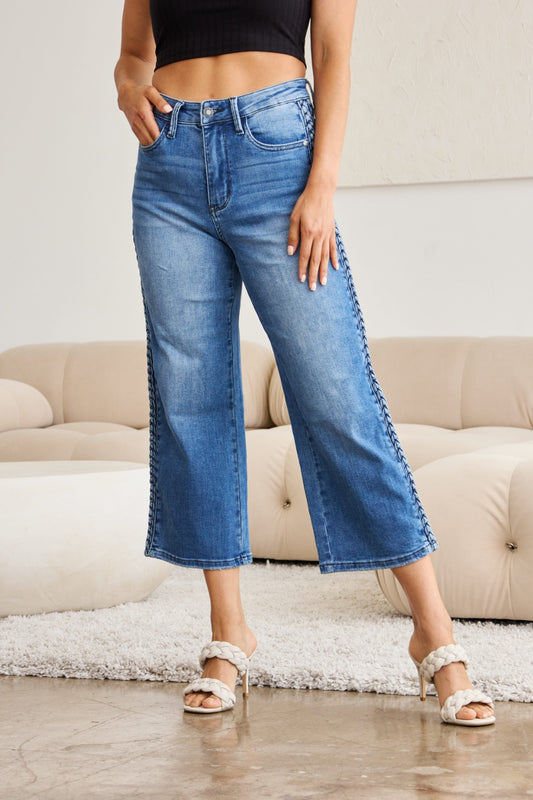 Judy Blue Full Size Braid Side Detail Wide Leg Jeans Medium Jeans JT's Designer Fashion