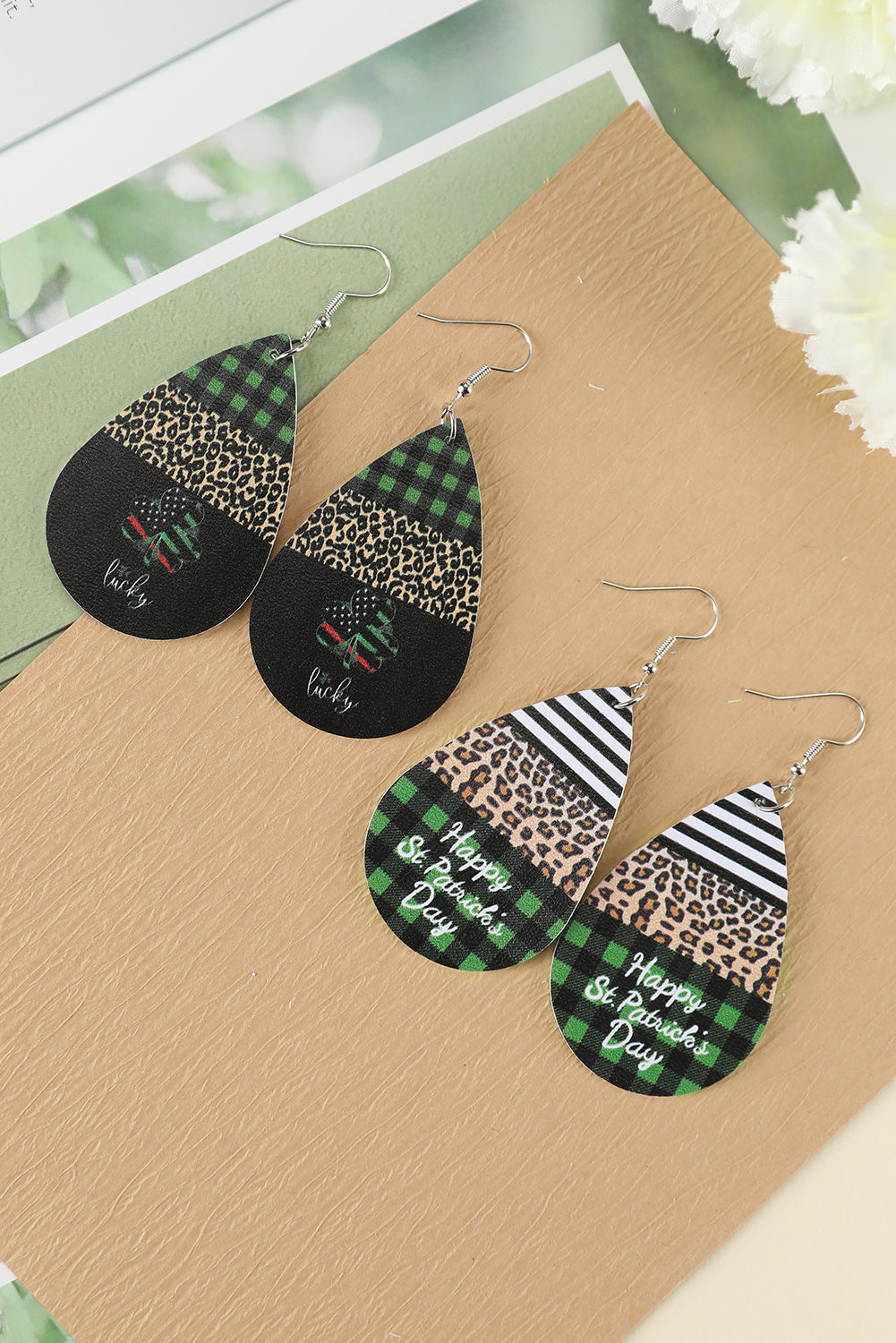 Green Striped Leopard Plaid Holiday Wishes Letters Print Earrings Jewelry JT's Designer Fashion