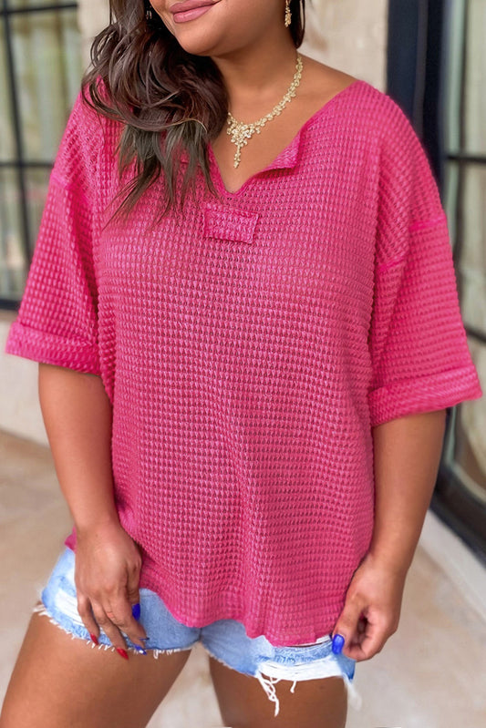 Bright Pink Plus Size Waffle Knit Cuffed Short Sleeve Top Pre Order Plus Size JT's Designer Fashion