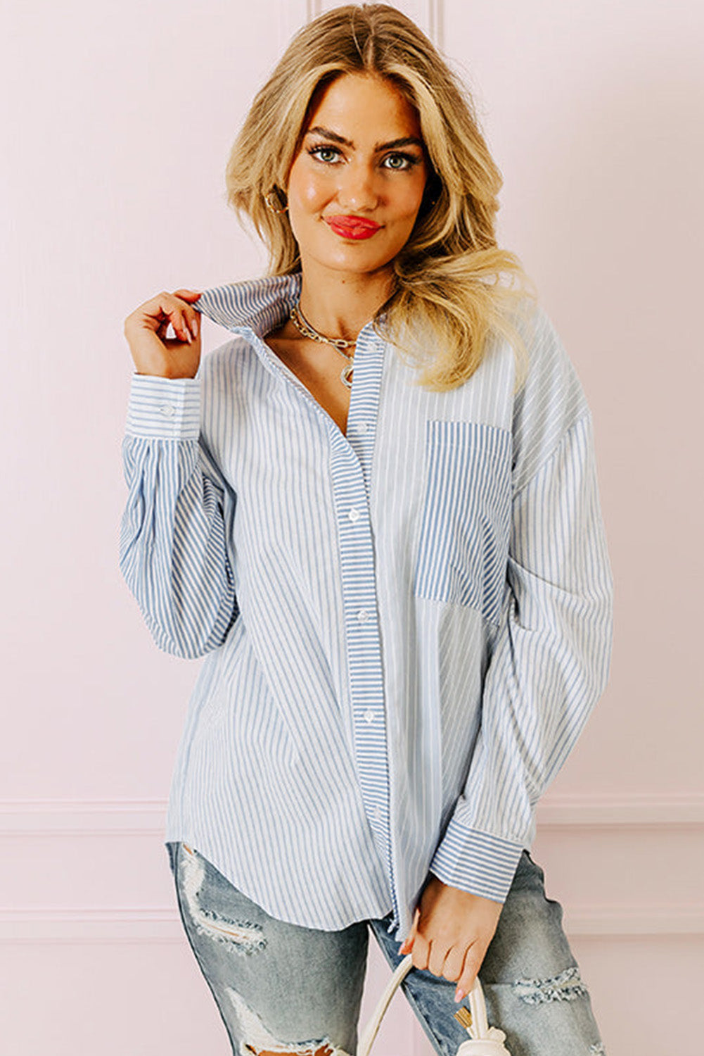 Sky Blue Stripe Patched Pocket Button Up Shirt Pre Order Tops JT's Designer Fashion